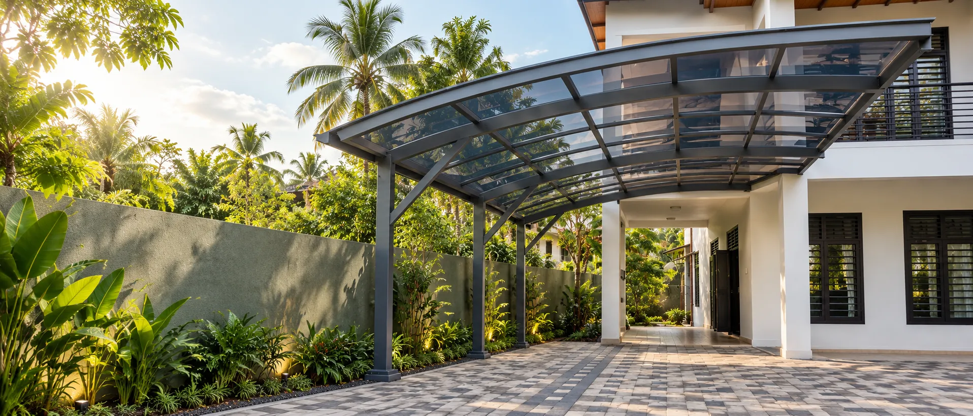 Custom fabricated steel canopy over a home driveway