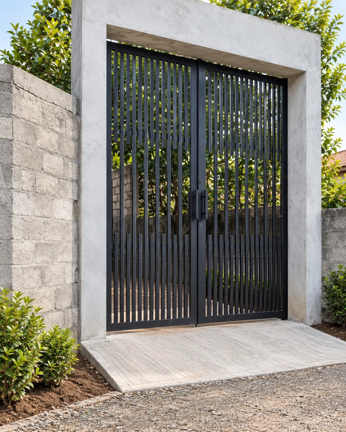 Curved carport, side passage to entrance