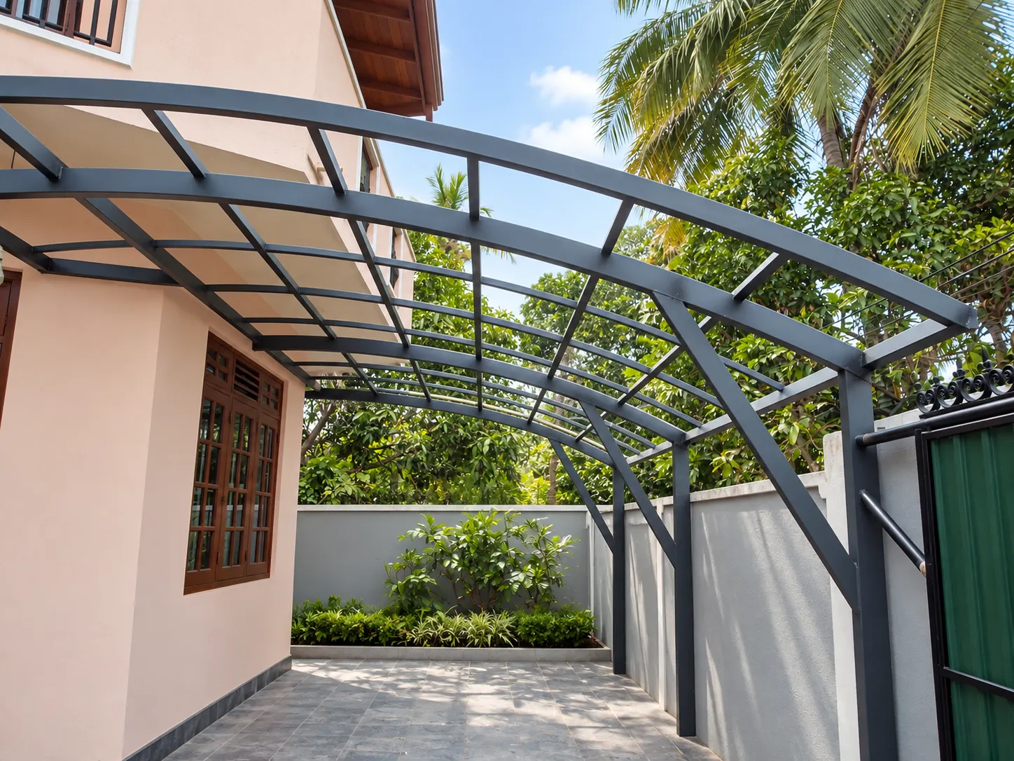 Curved carport over a driveway, garden view