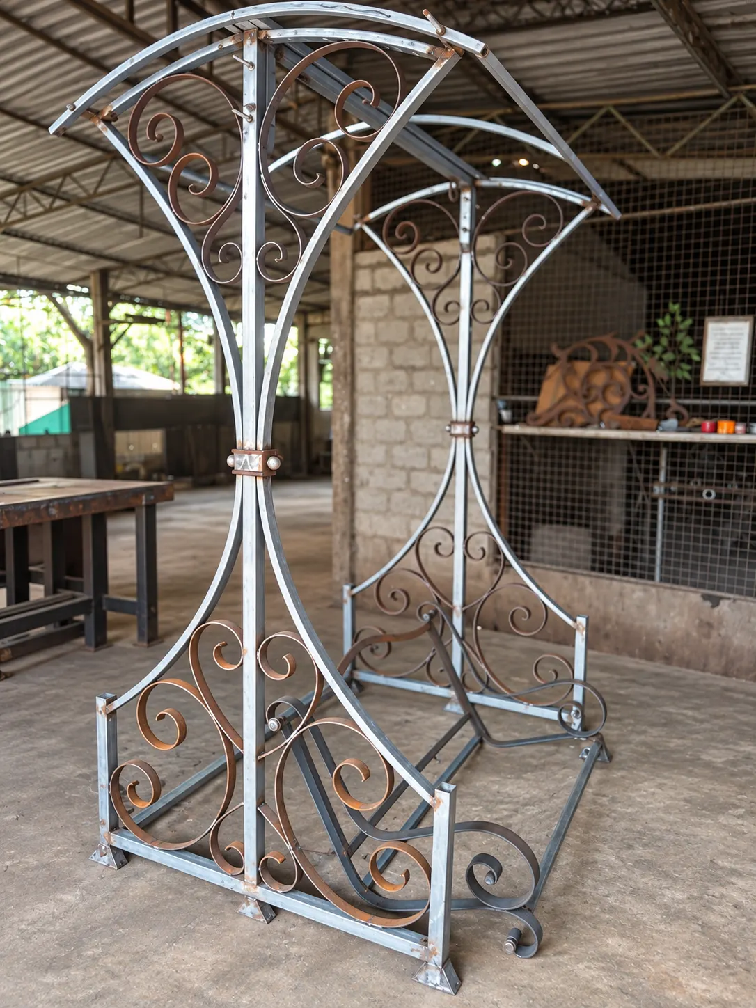 Decorative arched scrollwork frames in the workshop
