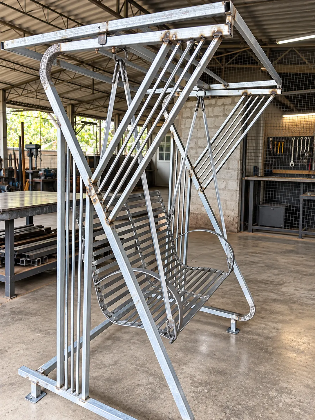 Garden swing frame being fabricated in the workshop