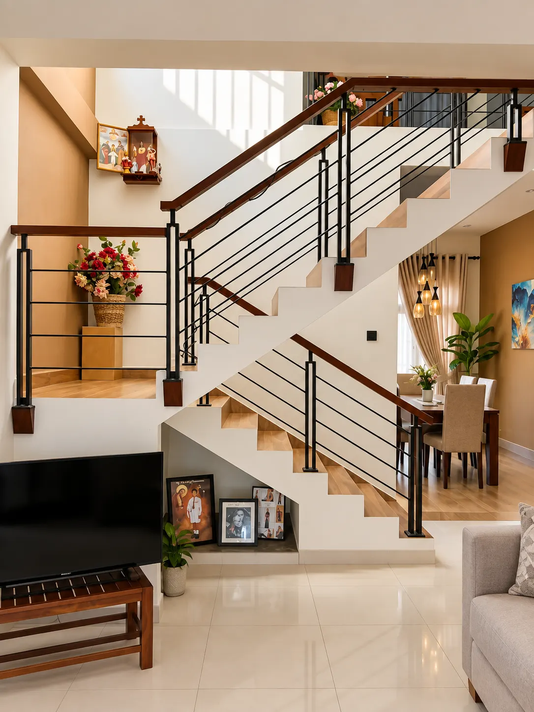 Staircase with black cable rail and timber handrail
