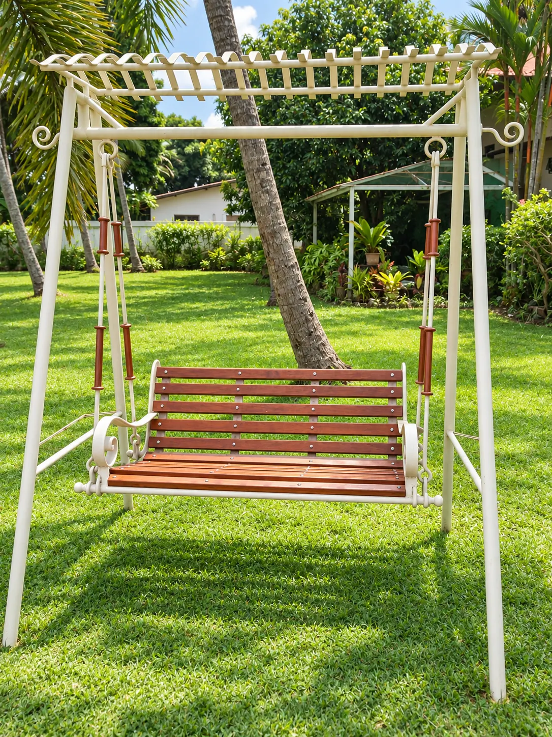 Steel-framed bench with slatted seating